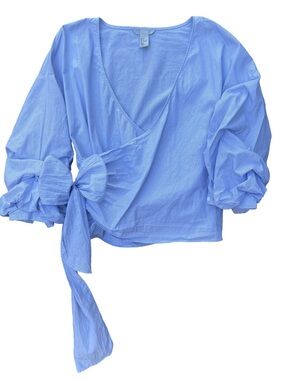 H&M Blue & White Pinstripe Cotton Wrap Blouse with Puff Sleeves